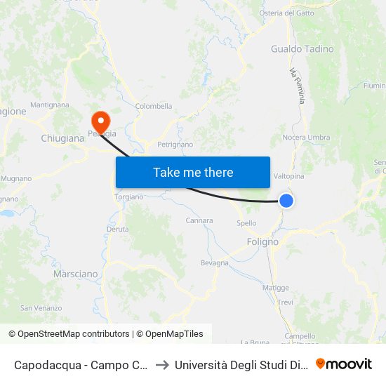 Capodacqua - Campo Container to Università Degli Studi Di Perugia map