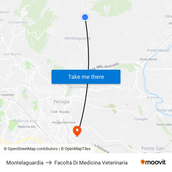 Montelaguardia to Facoltà Di Medicina Veterinaria map