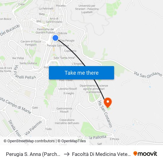 Perugia S. Anna (Parcheggio) to Facoltà Di Medicina Veterinaria map