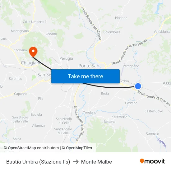 Bastia Umbra Station to Monte Malbe map