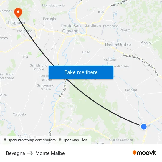 Bevagna to Monte Malbe map