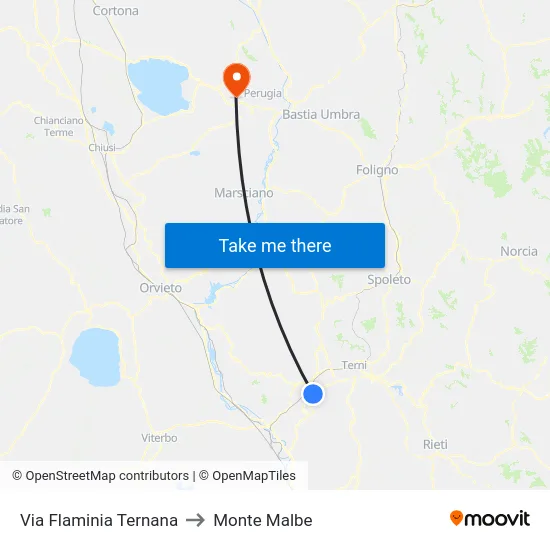 Via Flaminia Ternana to Monte Malbe map