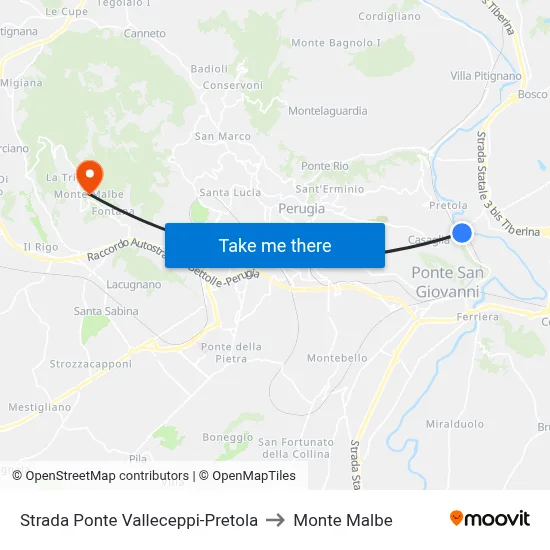 Ponte Valleceppi-Pretola Road to Monte Malbe map