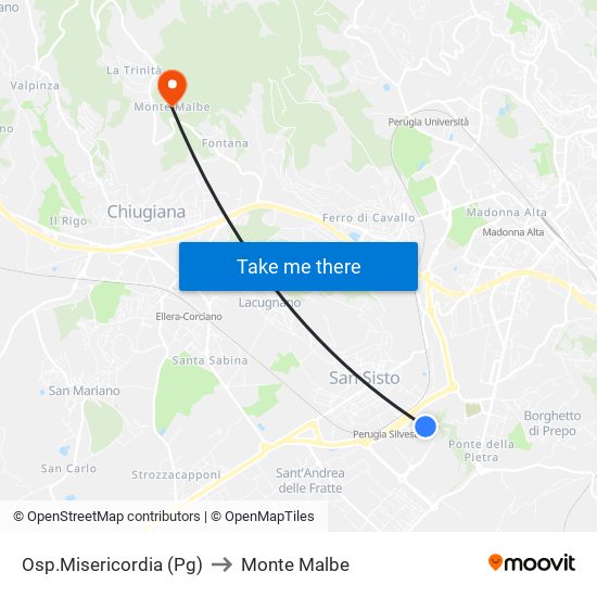 Osp.Misericordia (Pg) to Monte Malbe map