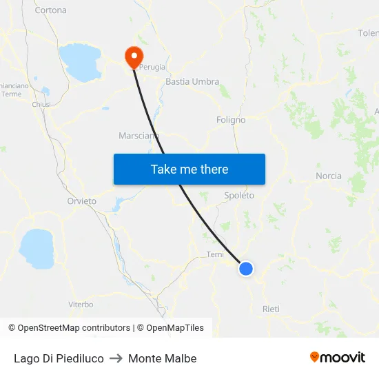 Lake Piediluco to Monte Malbe map