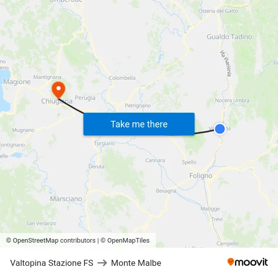 Valtopina Stazione FS to Monte Malbe map