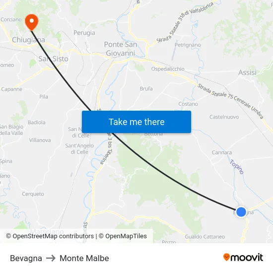 Bevagna to Monte Malbe map