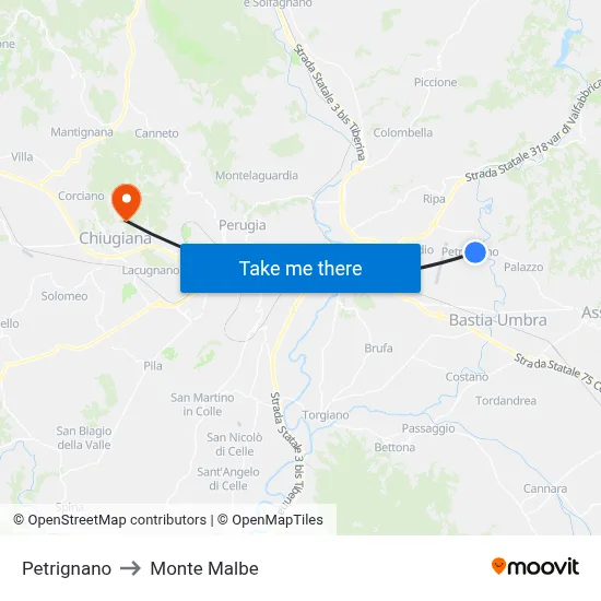 Petrignano to Monte Malbe map