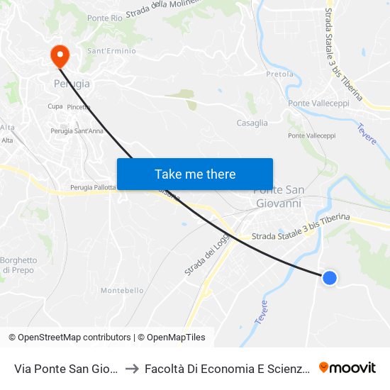 Via Ponte San Giovanni 1 to Facoltà Di Economia E Scienze Politiche map