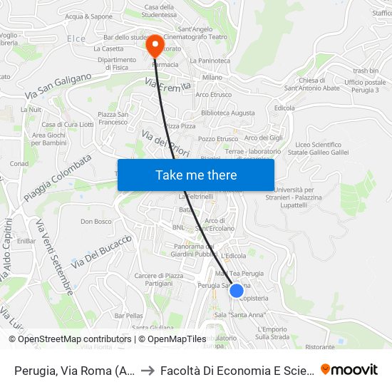 Perugia, Via Roma (A Richiesta) to Facoltà Di Economia E Scienze Politiche map