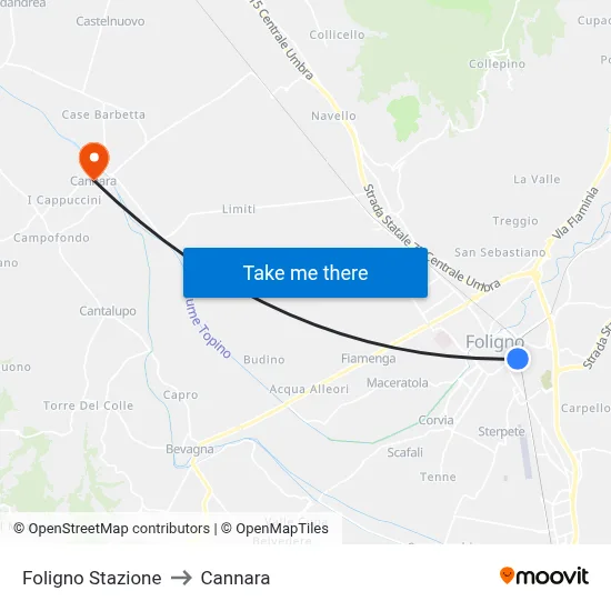 Foligno Station to Cannara map