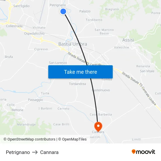 Petrignano to Cannara map