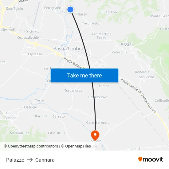 Palazzo to Cannara map