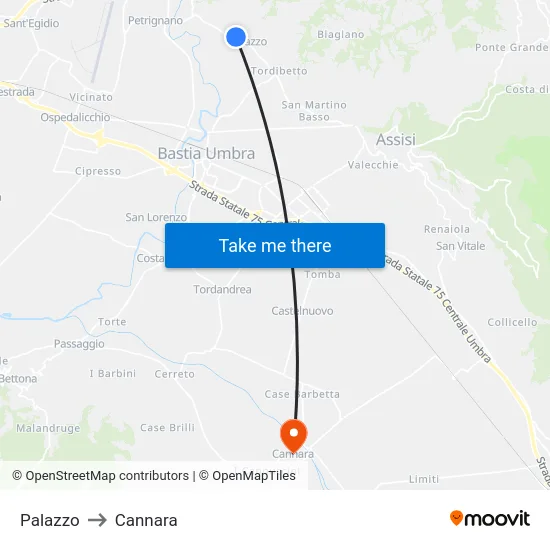 Palazzo to Cannara map