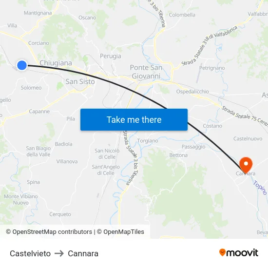 Castelvieto to Cannara map