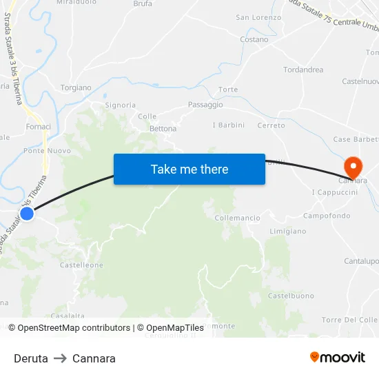 Deruta to Cannara map