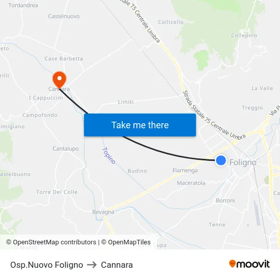 Osp.Nuovo Foligno to Cannara map