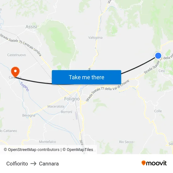 Colfiorito to Cannara map