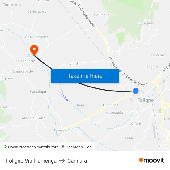 Foligno Via Fiamenga to Cannara map