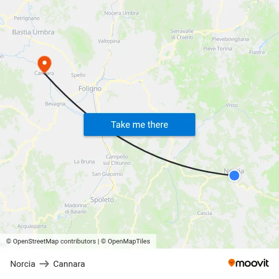 Norcia to Cannara map
