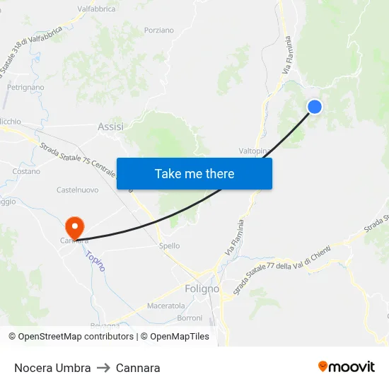 Nocera Umbra to Cannara map