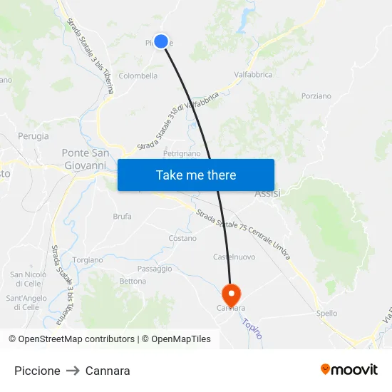 Piccione to Cannara map