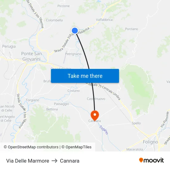 Via Delle Marmore to Cannara map