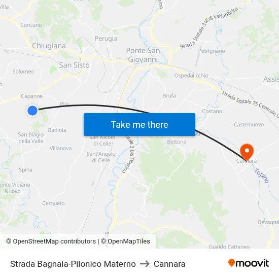 Bagnaia-Pilonico Materno Road to Cannara map