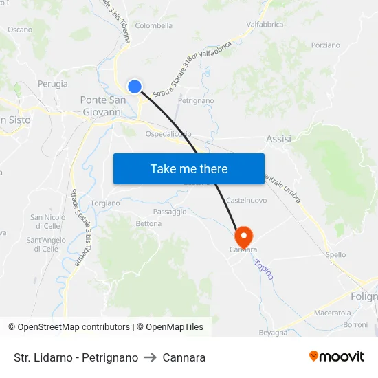 Str. Lidarno - Petrignano to Cannara map