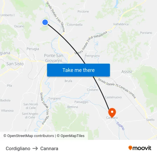 Cordigliano to Cannara map