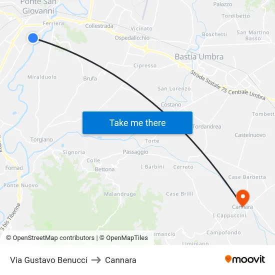 Via Gustavo Benucci to Cannara map