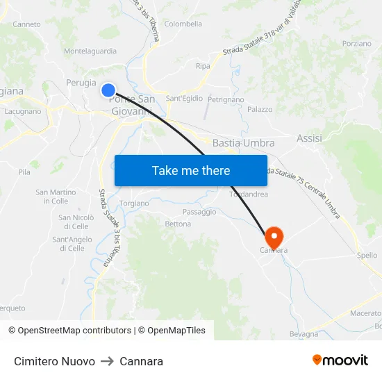 New Cemetery to Cannara map