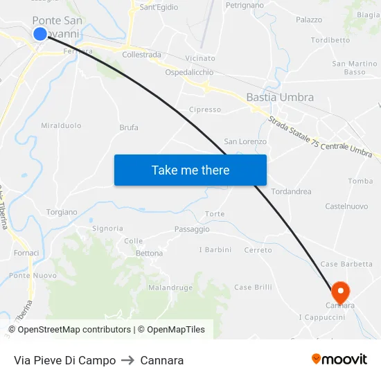 Via Pieve Di Campo to Cannara map