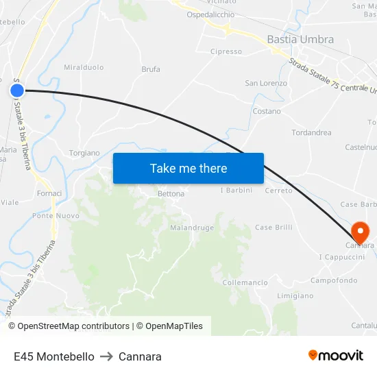 E45 Montebello to Cannara map
