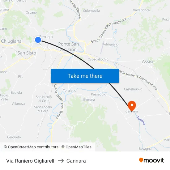 Via Raniero Gigliarelli to Cannara map