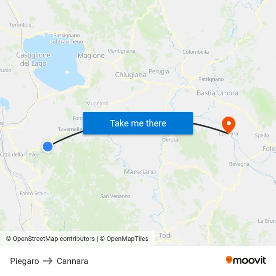 Piegaro to Cannara map