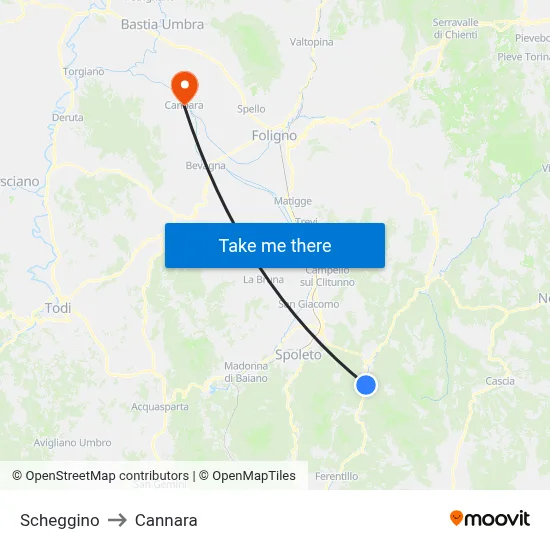 Scheggino to Cannara map