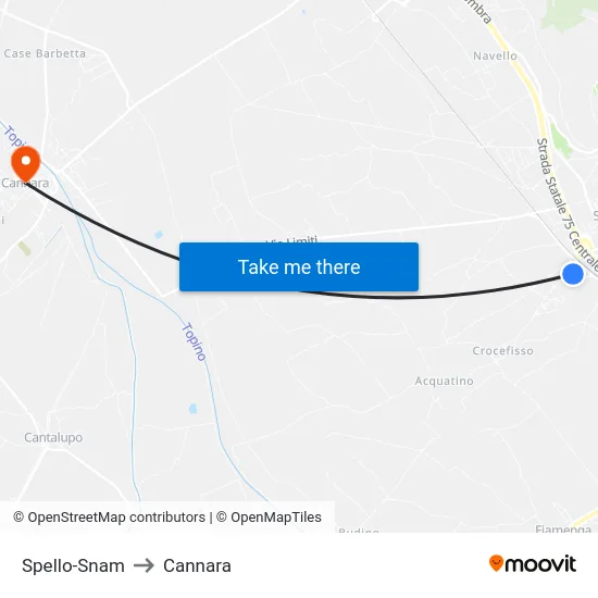 Spello-Snam to Cannara map