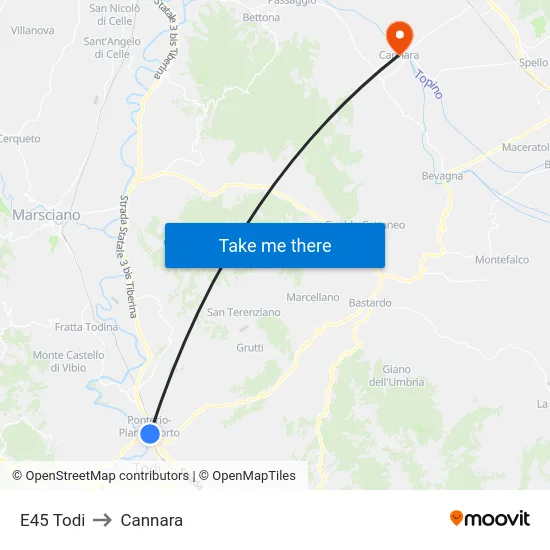 E45 Todi to Cannara map