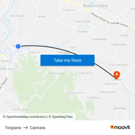Torgiano to Cannara map
