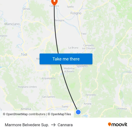 Marmore Upper Belvedere to Cannara map