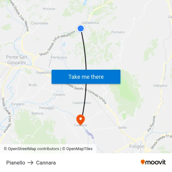 Pianello to Cannara map