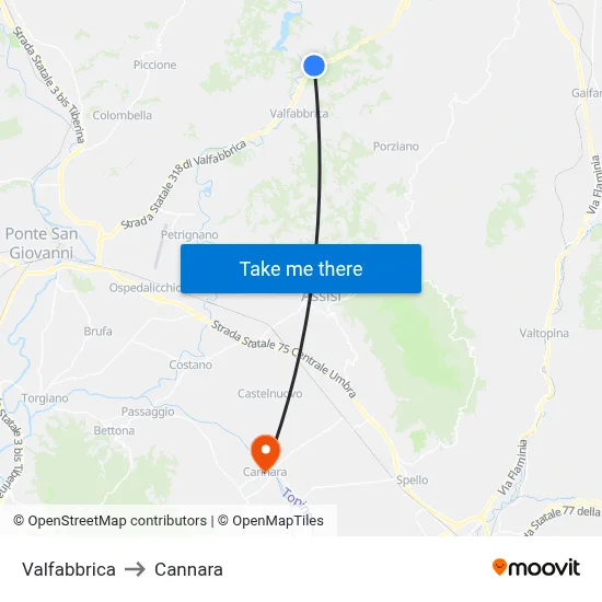 Valfabbrica to Cannara map