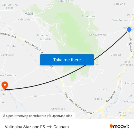 Valtopina Stazione FS to Cannara map