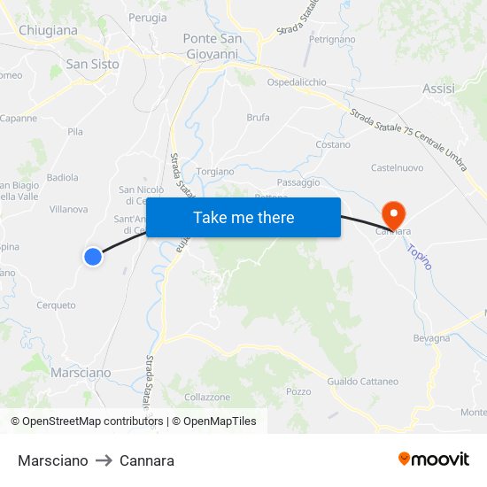 Marsciano to Cannara map