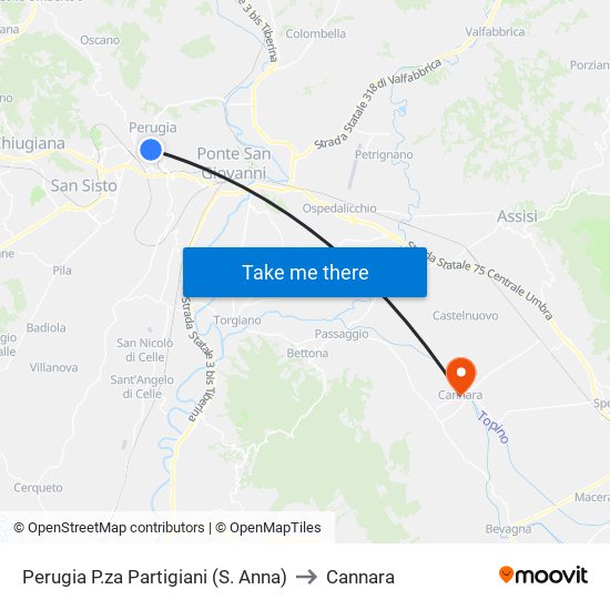 Perugia P.za Partigiani (S. Anna) to Cannara map