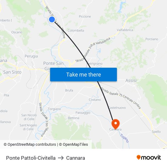 Ponte Pattoli-Civitella to Cannara map