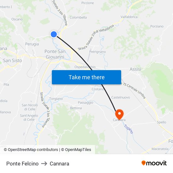 Ponte Felcino to Cannara map