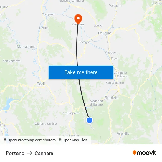 Porzano to Cannara map