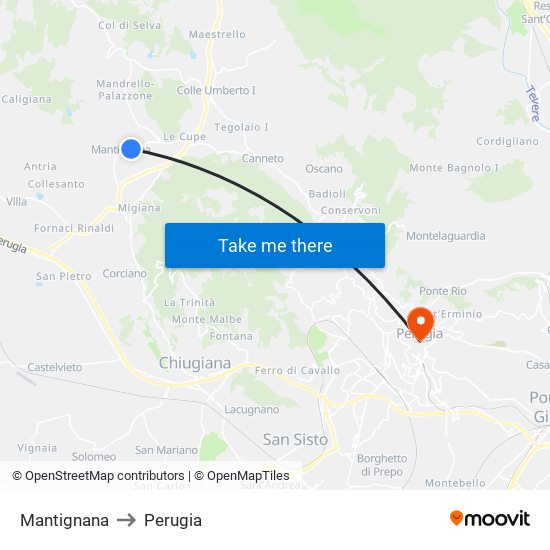 Mantignana to Perugia map